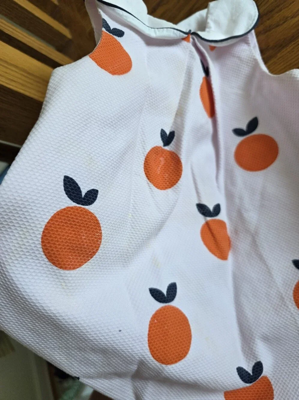 Jacadi Light Pink Dress with Orange Fruit Motif and Navy Trim